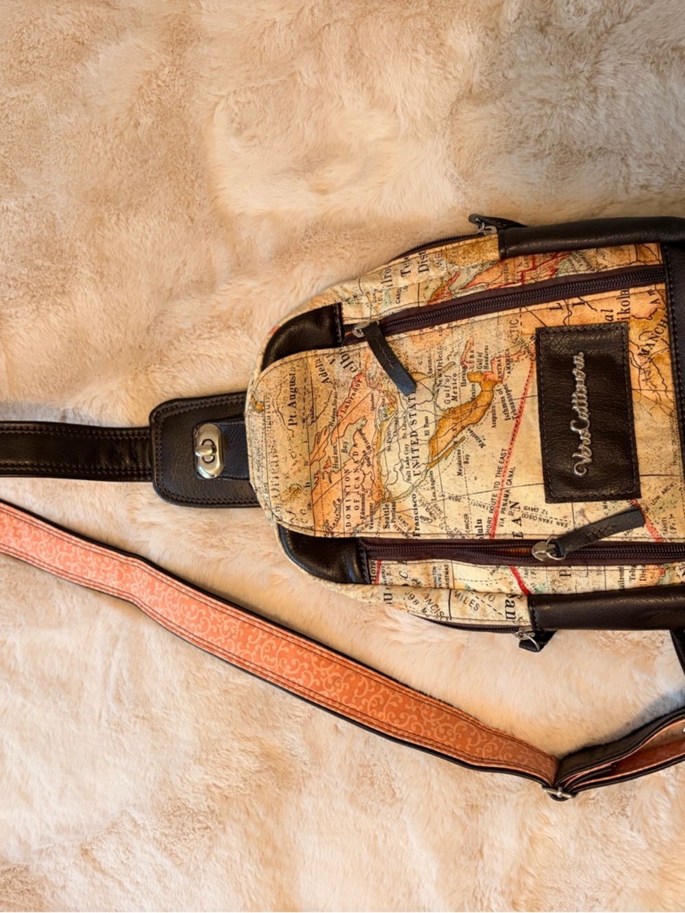Vintage Map Print Crossbody Sling Bag - Brown & Cream
